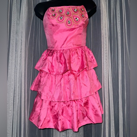 Lilly Pulitzer Dresses & Skirts - Lilly Pulitzer Beau Hotty Pink Ruffle Strapless Beaded Dress, Size 0